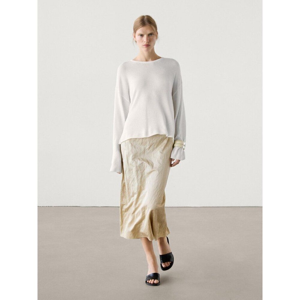Massimo Dutti Womens Straight Skirt Size S beige Midi Satin Blend 5250/525 NWT